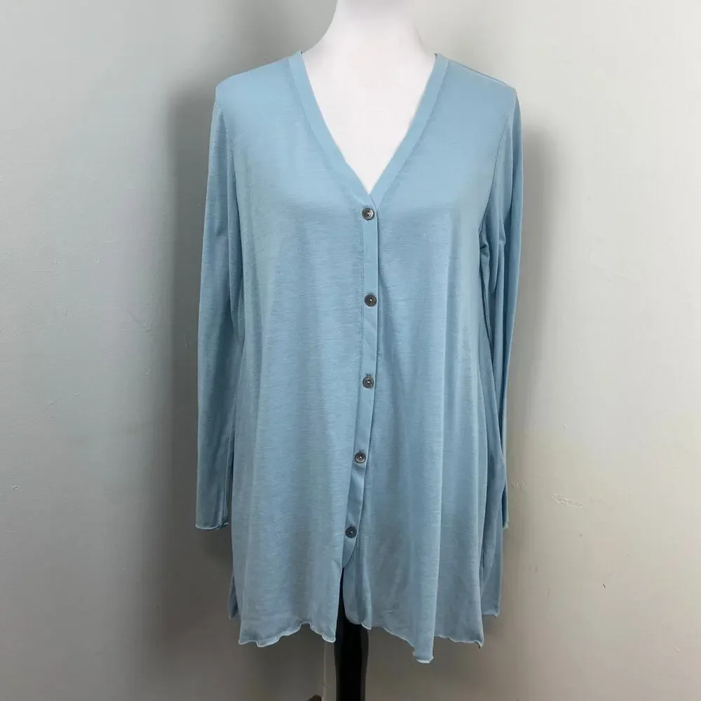 J Jill Light Blue V Neck Button Down Sharkbite Cardigan Sweater Medium